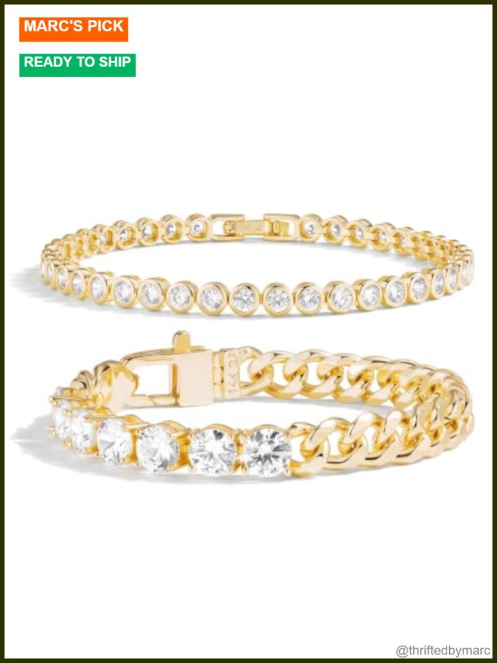 14K Gold Filled Bracelet Set Tennis & Cuban Link Stackable 6.5 Inch